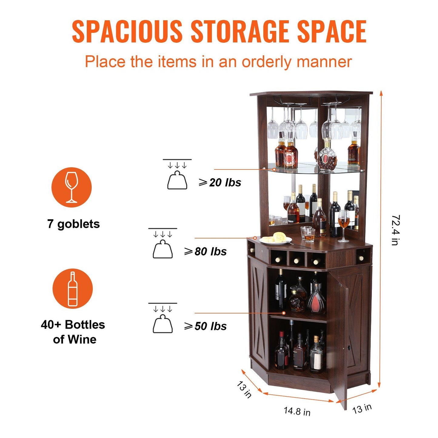 VEVOR Corner Industrial Bar Cabinet, Wine Table for Liquor & Glasses, DobaDealsexpress.shopGlass Holder, Freestanding Farmhouse Wood Coffee Bar CabinetHighlights
More Space for You: This corner bar cabinet can fit in various places and hold up to 150 lbs. That is a lot of weight! It is suitable for multiple corner