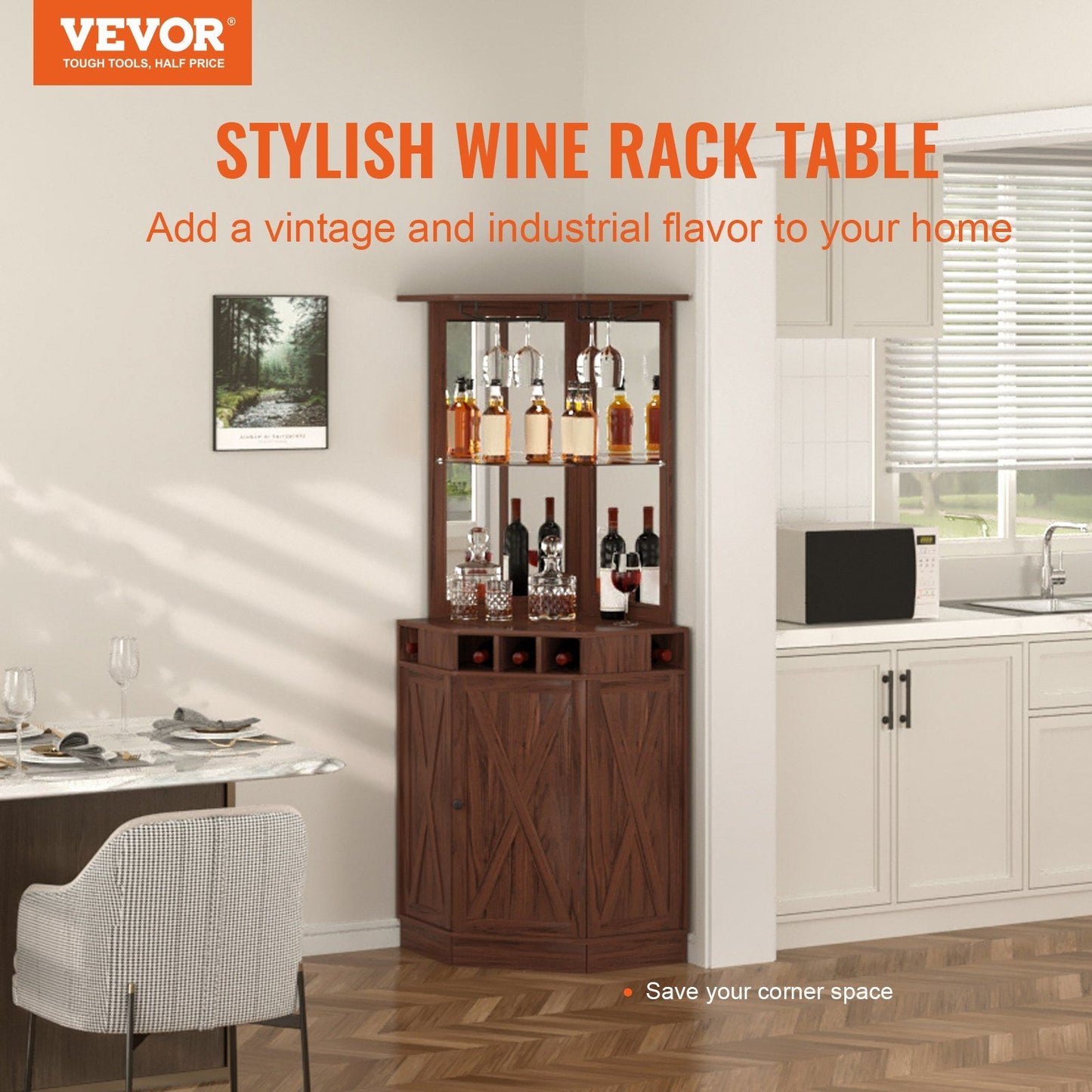 VEVOR Corner Industrial Bar Cabinet, Wine Table for Liquor & Glasses, DobaDealsexpress.shopGlass Holder, Freestanding Farmhouse Wood Coffee Bar CabinetHighlights
More Space for You: This corner bar cabinet can fit in various places and hold up to 150 lbs. That is a lot of weight! It is suitable for multiple corner