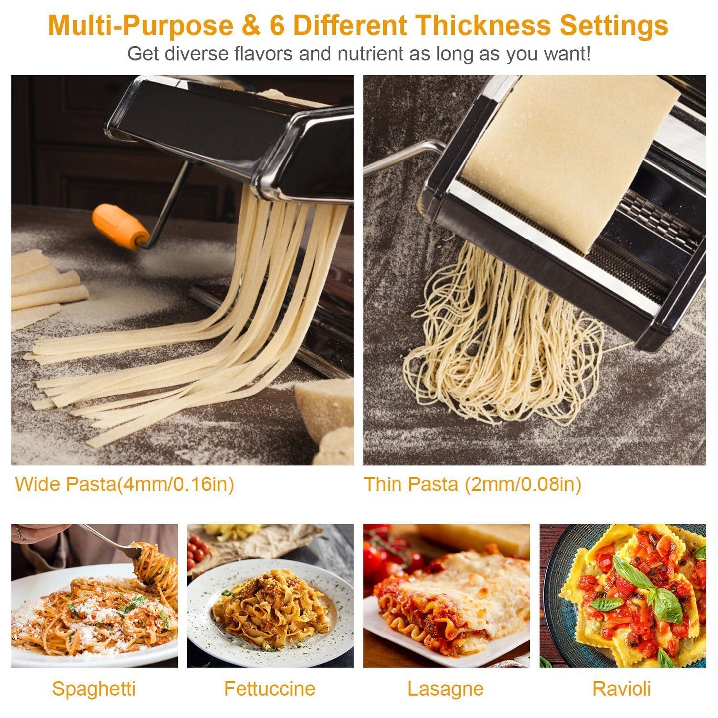 Pasta Maker Roller Machine Fettuccine Noodle MakerDobaDealsexpress.shopPasta Maker Roller Machine Fettuccine Noodle MakerHighlights
6 Adjustable setting of thickness
Details
*Features*:
*6 Adjustable Settings*:Rotate the dough grade knob on the side of pasta machine,then,you can get th