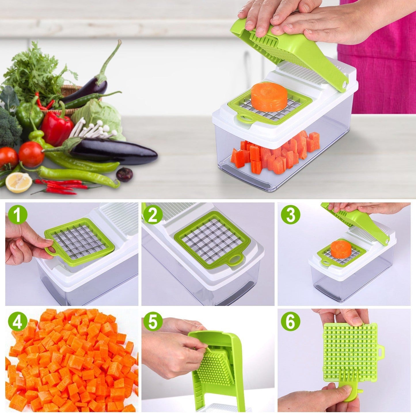 Vegetable Slicer Quick Potato Tomato Fruit Cutter Set with 3 Blades StDobaDealsexpress.shopVegetable Slicer Quick Potato Tomato Fruit Cutter SetHighlights
Come with 3 interchangeable dicer blades
Details
*Features*:
*3 IN 1 MULTIFUNCTION BLADES*:Come with 3 interchangeable dicer blades; which make it much ea