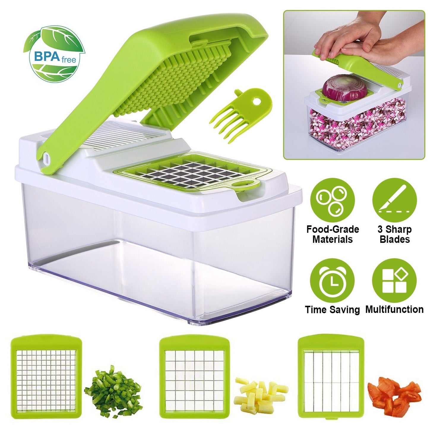 Vegetable Slicer Quick Potato Tomato Fruit Cutter Set with 3 Blades StDobaDealsexpress.shopVegetable Slicer Quick Potato Tomato Fruit Cutter SetHighlights
Come with 3 interchangeable dicer blades
Details
*Features*:
*3 IN 1 MULTIFUNCTION BLADES*:Come with 3 interchangeable dicer blades; which make it much ea