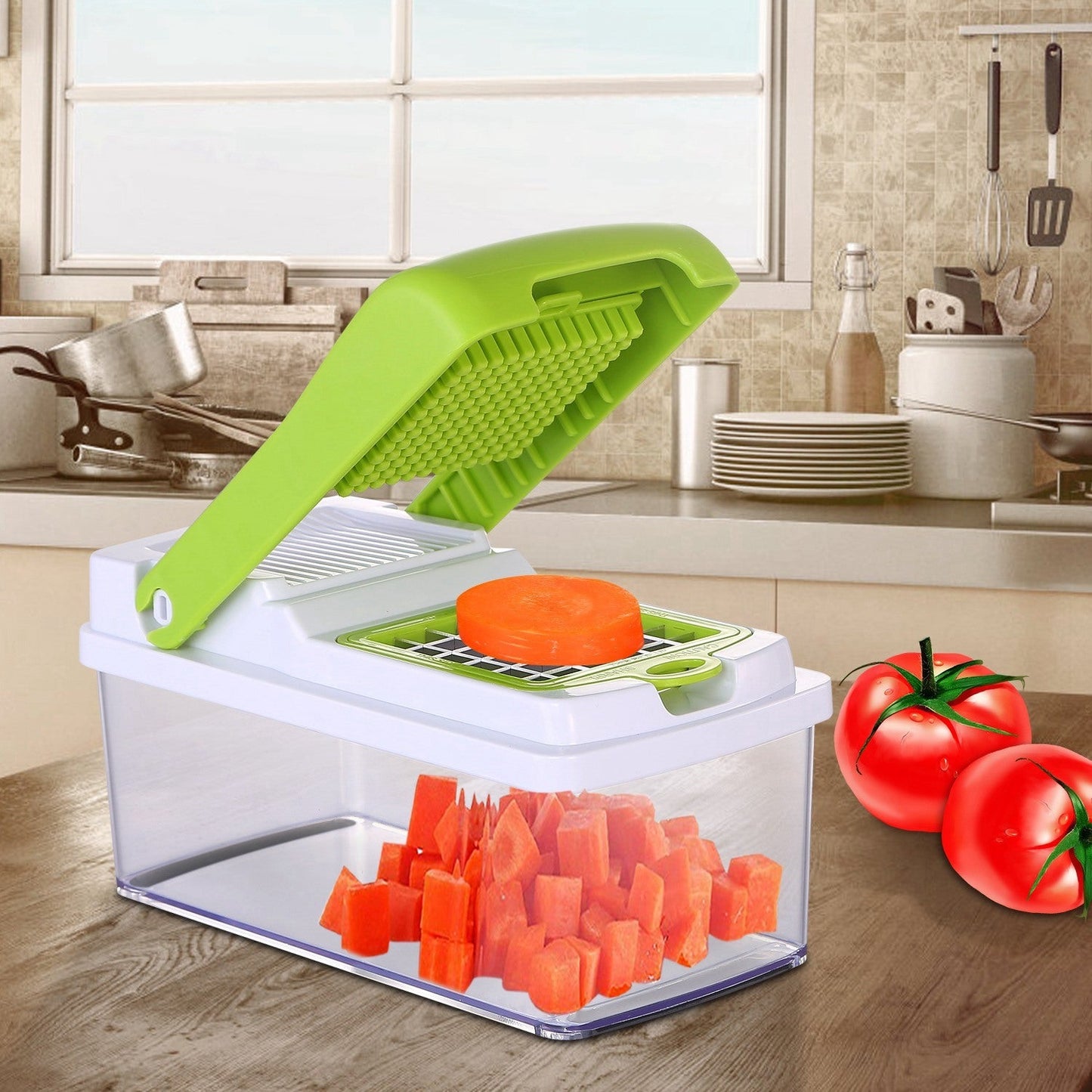Vegetable Slicer Quick Potato Tomato Fruit Cutter Set with 3 Blades StDobaDealsexpress.shopVegetable Slicer Quick Potato Tomato Fruit Cutter SetHighlights
Come with 3 interchangeable dicer blades
Details
*Features*:
*3 IN 1 MULTIFUNCTION BLADES*:Come with 3 interchangeable dicer blades; which make it much ea