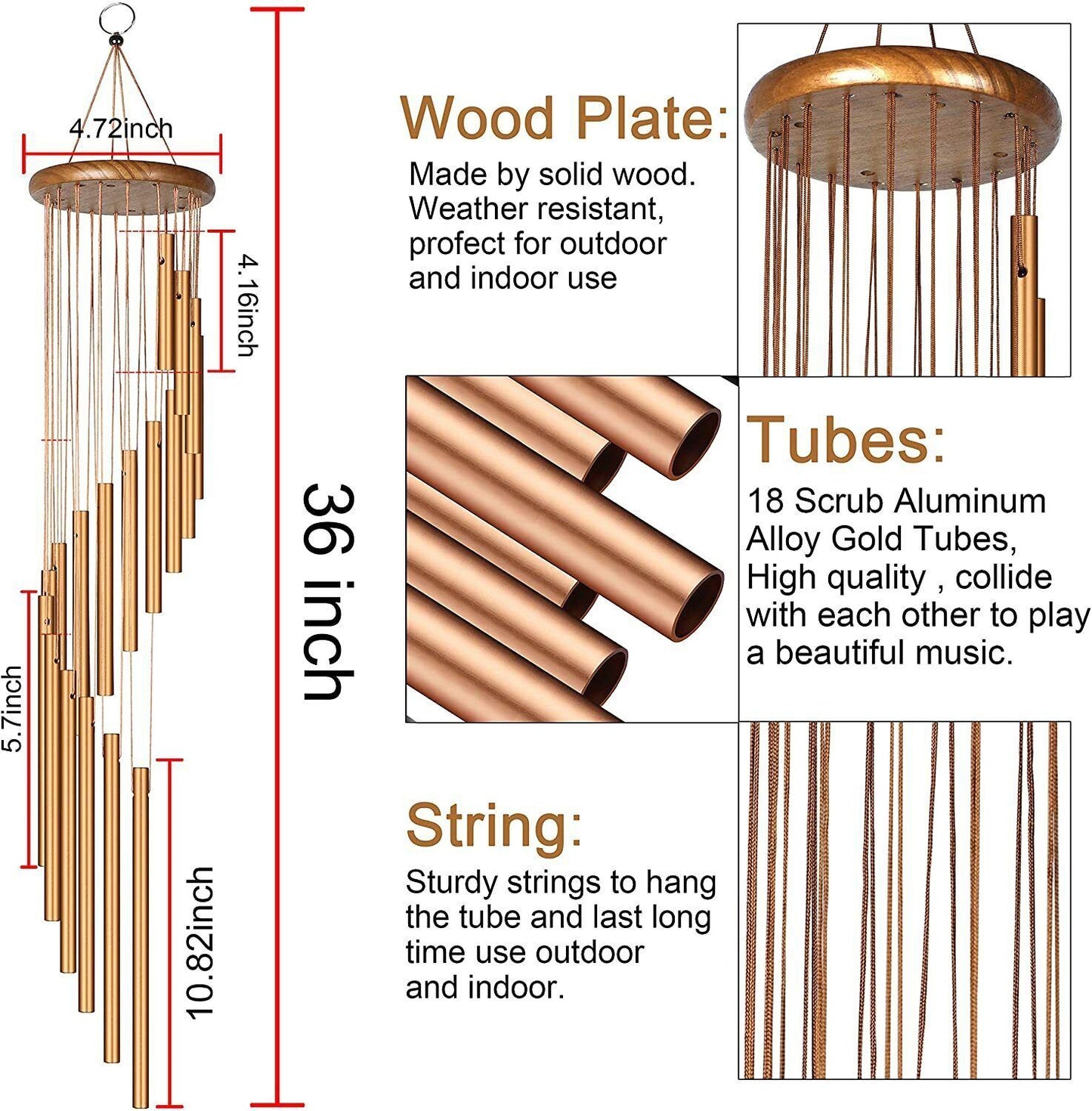 35'' Outdoor Wind Chimes Large 18 Tubes Deep Tone Chapel Bells for GarDobaDealsexpress.shop35'' Outdoor Wind Chimes Large 18 Tubes Deep Tone Chapel BellsDetails
Features:
1. Tubes are made from aluminum, durable and corrosion resistant.
2. This wind chimes produces very clear tunes when wind blows.
3. Hand the wind