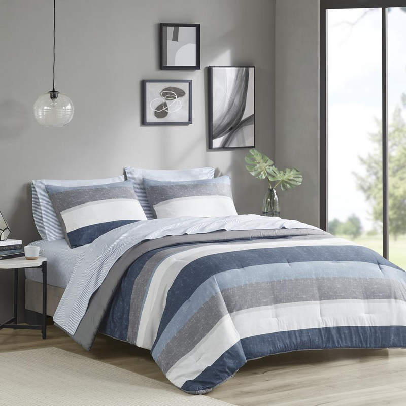 Comforter Set with Bed Sheets, Queen, Blue/Grey