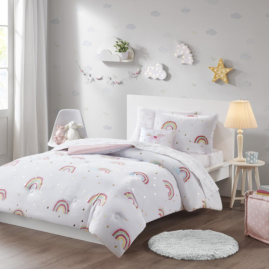 Alicia Rainbow and Metallic Stars Comforter Set with Bed SheetsDealsexpress.shopDealsexpress.shopMetallic Stars Comforter Setand
Set includes comforter 2 shams (1 for Twin) 1 oblong throw pillow flat sheet fitted sheet 2 pillowcases (1 for Twin)Specifications:- Box 1 Height : 11.81- Packin