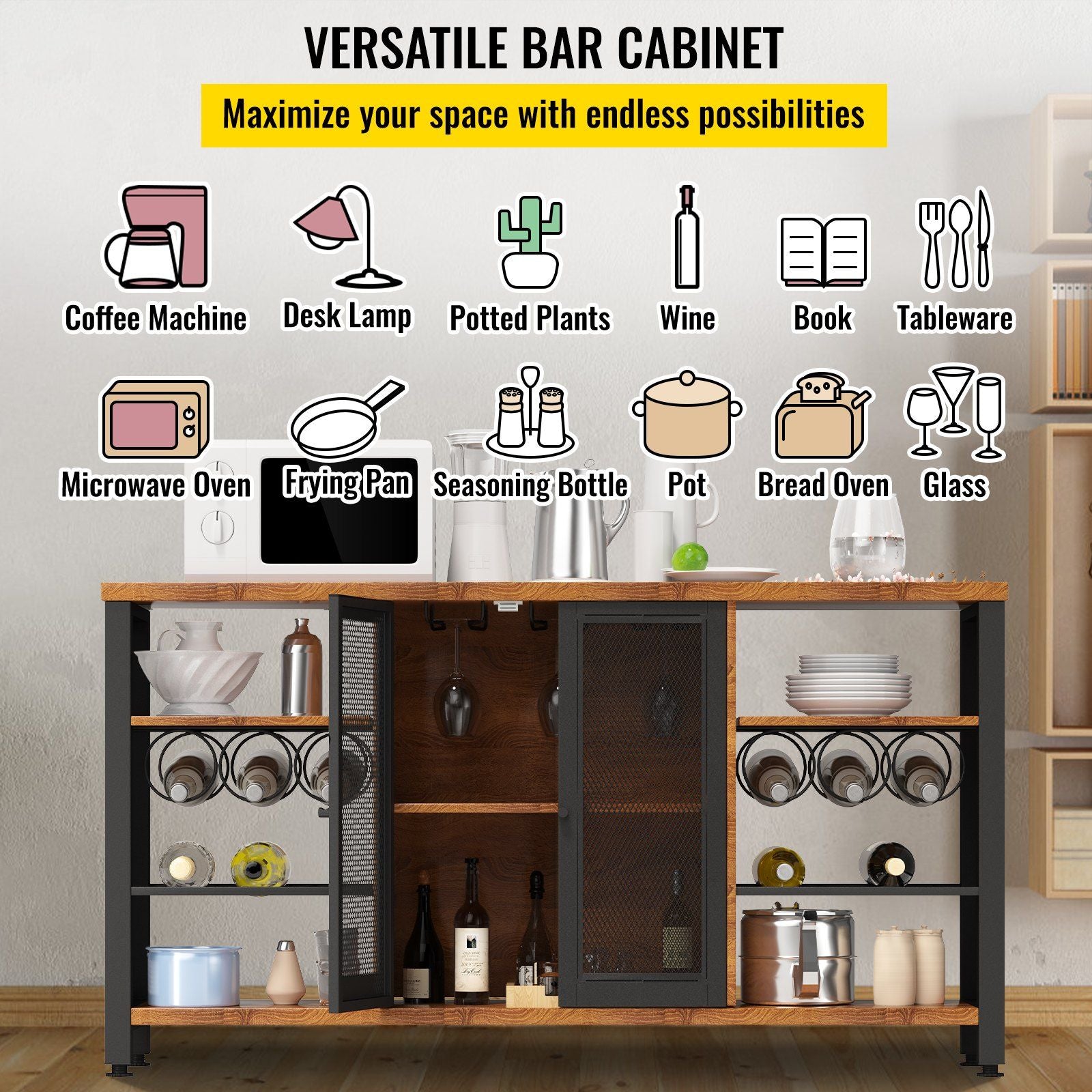 VEVOR Industrial Bar Cabinet, Wine Table for Liquor with Glass Holder,DobaDealsexpress.shopLiving Room, Dining Room (55 Inch, Rustic Oak)Highlights
Multi-Functional Bar Cabinet: Get ready to expand your storage space with VEVOR! This industrial bar cabinet can display your favorite drinks and foods on