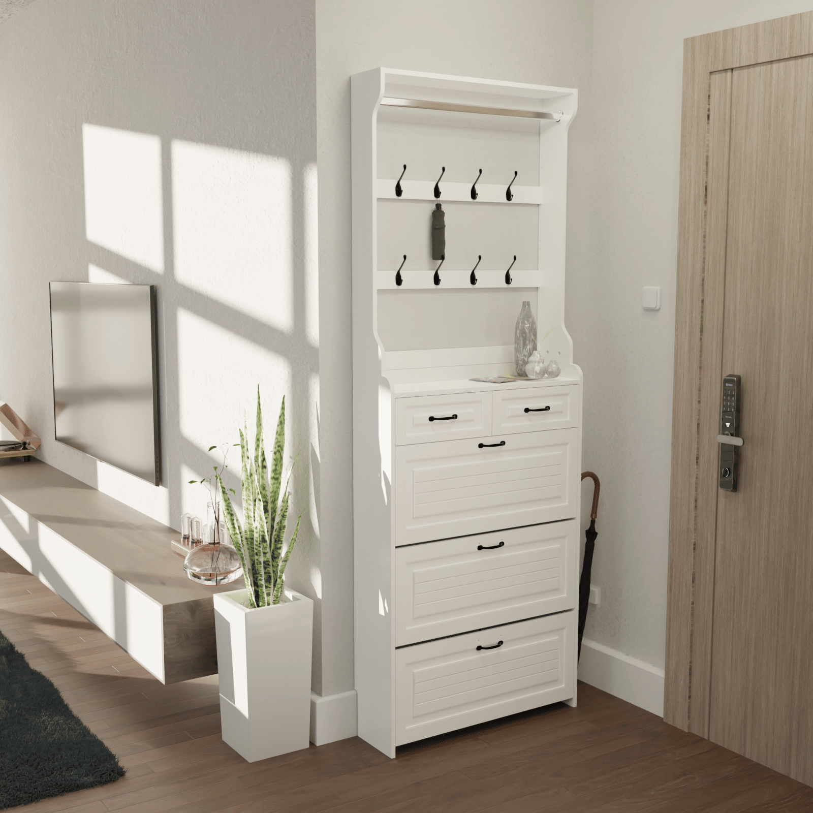 NEW White color shoe cabinet with 3 doors 2 drawers with hanger,PVC doDobaDealsexpress.shop3 doors 2 drawersSpecification
Main Color:White
Main Material:Particle Board+MDF
Cabinets Type:Freestanding
Cabinets Storage Quantity:3-4 Spaces
Use Case:Primary Living Space
Cabinet