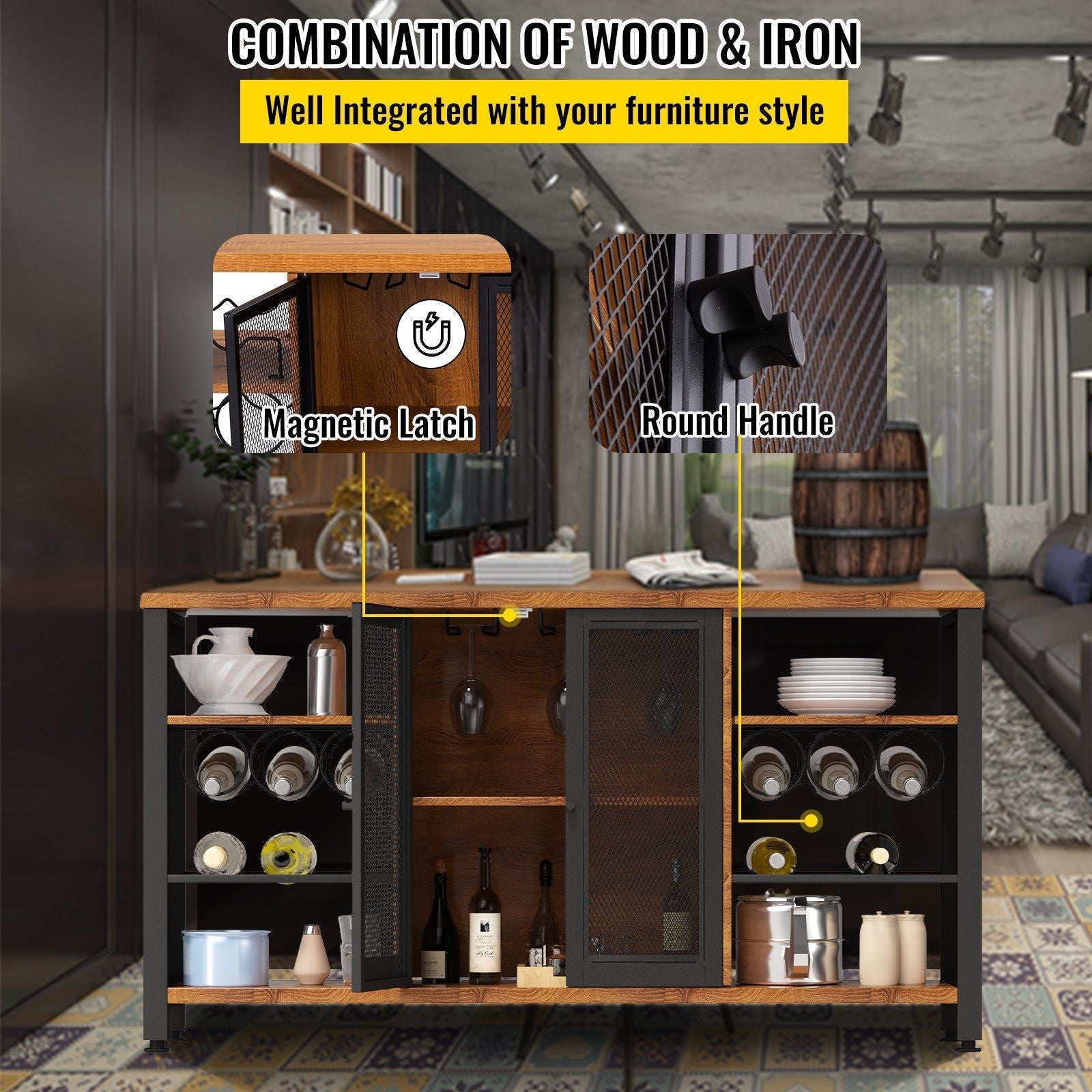 VEVOR Industrial Bar Cabinet, Wine Table for Liquor with Glass Holder,DobaDealsexpress.shopLiving Room, Dining Room (55 Inch, Rustic Oak)Highlights
Multi-Functional Bar Cabinet: Get ready to expand your storage space with VEVOR! This industrial bar cabinet can display your favorite drinks and foods on