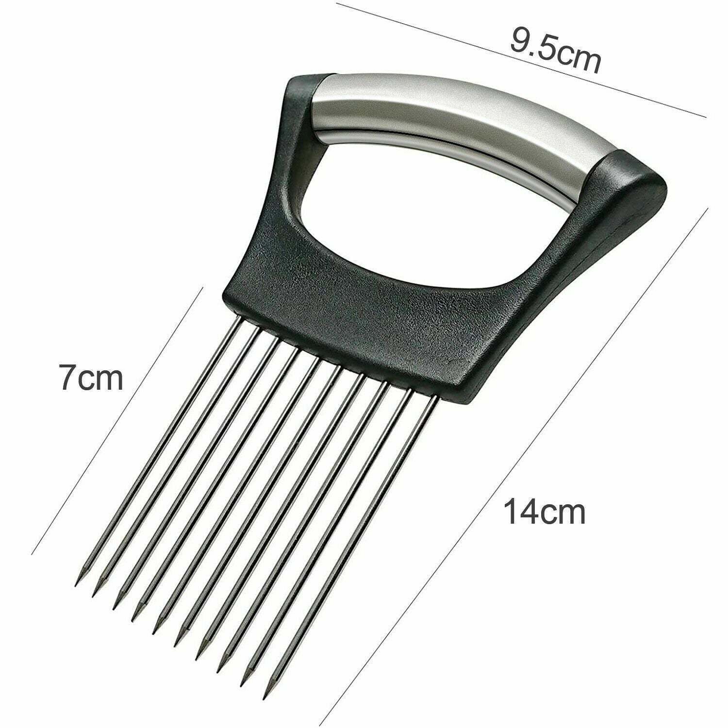 Stainless Steel Onion Holder Slicer Vegetable Tools Tomato Cutter KitcDobaDealsexpress.shopStainless Steel Onion Holder Slicer Vegetable Tools Tomato Cutter Kitchen Gadget Steel Onion NeedleHighlights
The Onion Holder can also be used as a meat tenderizer. A long steel needle penetrates deeply, into the meat to improve its taste. It is also easy to clea