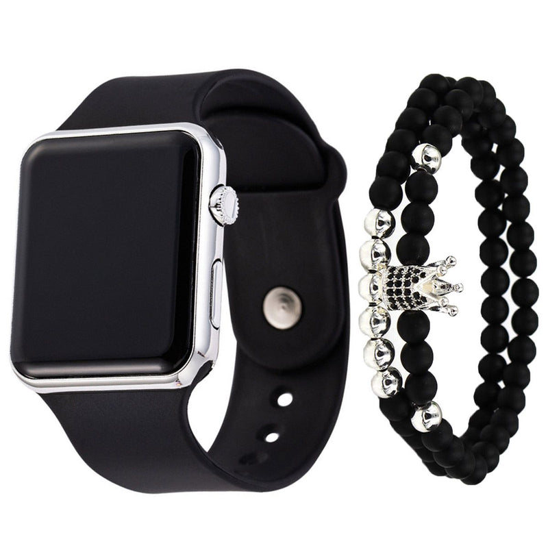 2pcs/set Square Silicone Digital Watch + Crown Bracelet Fancy Women Watches Jewelry Sophisticated And Stylish Women Watch