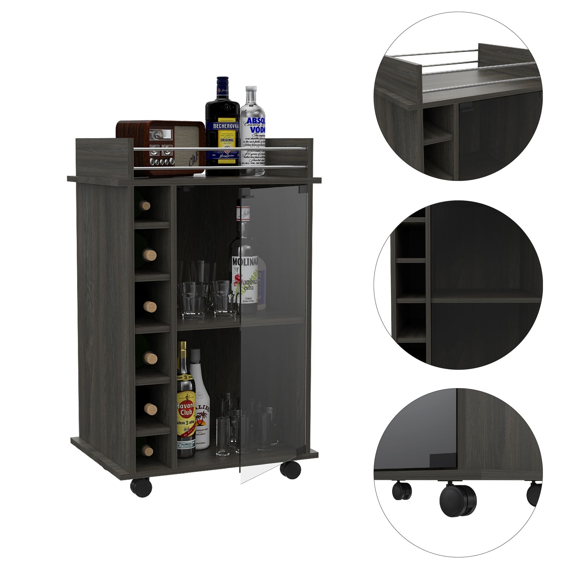 Vegas Bar Cart, Two Tier Cabinet With Glass Door, Six Cubbies For LiquDobaDealsexpress.shopVegas Bar Cart,Specification
Cabinets Type:Mobile Carts
Cabinets Storage Quantity:1-2 Spaces
Main Color:Gray
Wood Tone:Gray
Use Case:Primary Living Space
Cabinets Features:Open Sto