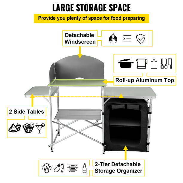 Camping Kitchen Station, Aluminum Portable Folding Camp Cook Table witDobaDealsexpress.shopCamping Kitchen Station, Aluminum Portable Folding Camp Cook TableDetails
Details
Model: VV-HWTDCF57INBColor: BlackMaterial: Aluminum + MDF +OxfordItem Dimension: 57.5 x 18.1 x 27.6 in / 146 x 46 x 70 cmItem Weight: 19.8 lbs / 9 kg