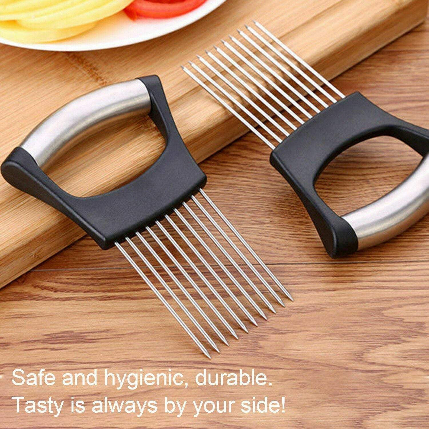 Stainless Steel Onion Holder Slicer Vegetable Tools Tomato Cutter KitcDobaDealsexpress.shopStainless Steel Onion Holder Slicer Vegetable Tools Tomato Cutter Kitchen Gadget Steel Onion NeedleHighlights
The Onion Holder can also be used as a meat tenderizer. A long steel needle penetrates deeply, into the meat to improve its taste. It is also easy to clea
