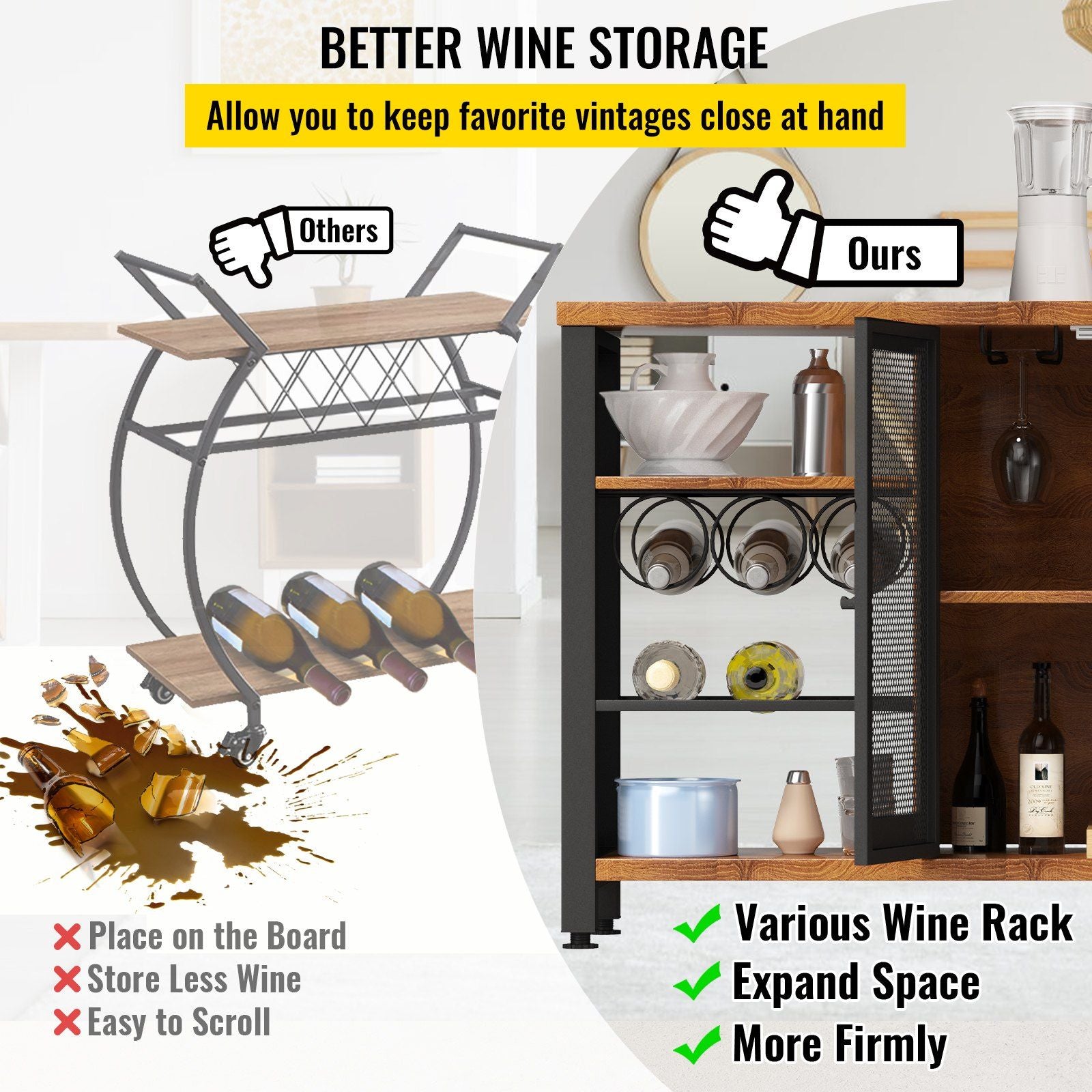 VEVOR Industrial Bar Cabinet, Wine Table for Liquor with Glass Holder,DobaDealsexpress.shopLiving Room, Dining Room (55 Inch, Rustic Oak)Highlights
Multi-Functional Bar Cabinet: Get ready to expand your storage space with VEVOR! This industrial bar cabinet can display your favorite drinks and foods on