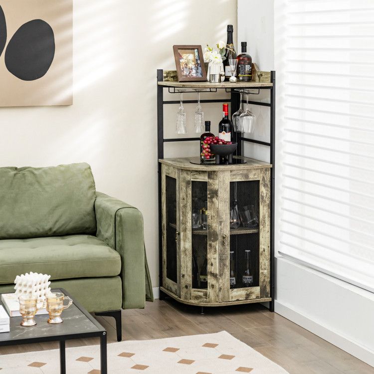 Industrial Corner Bar Cabinet with Glass Holder and Adjustable ShelfDobaDealsexpress.shopIndustrial Corner Bar CabinetHighlights
Space-saving Corner Cabinet: The freestanding wine bar cabinet features a triangle design to fit room corners, taking less floor space while making full u