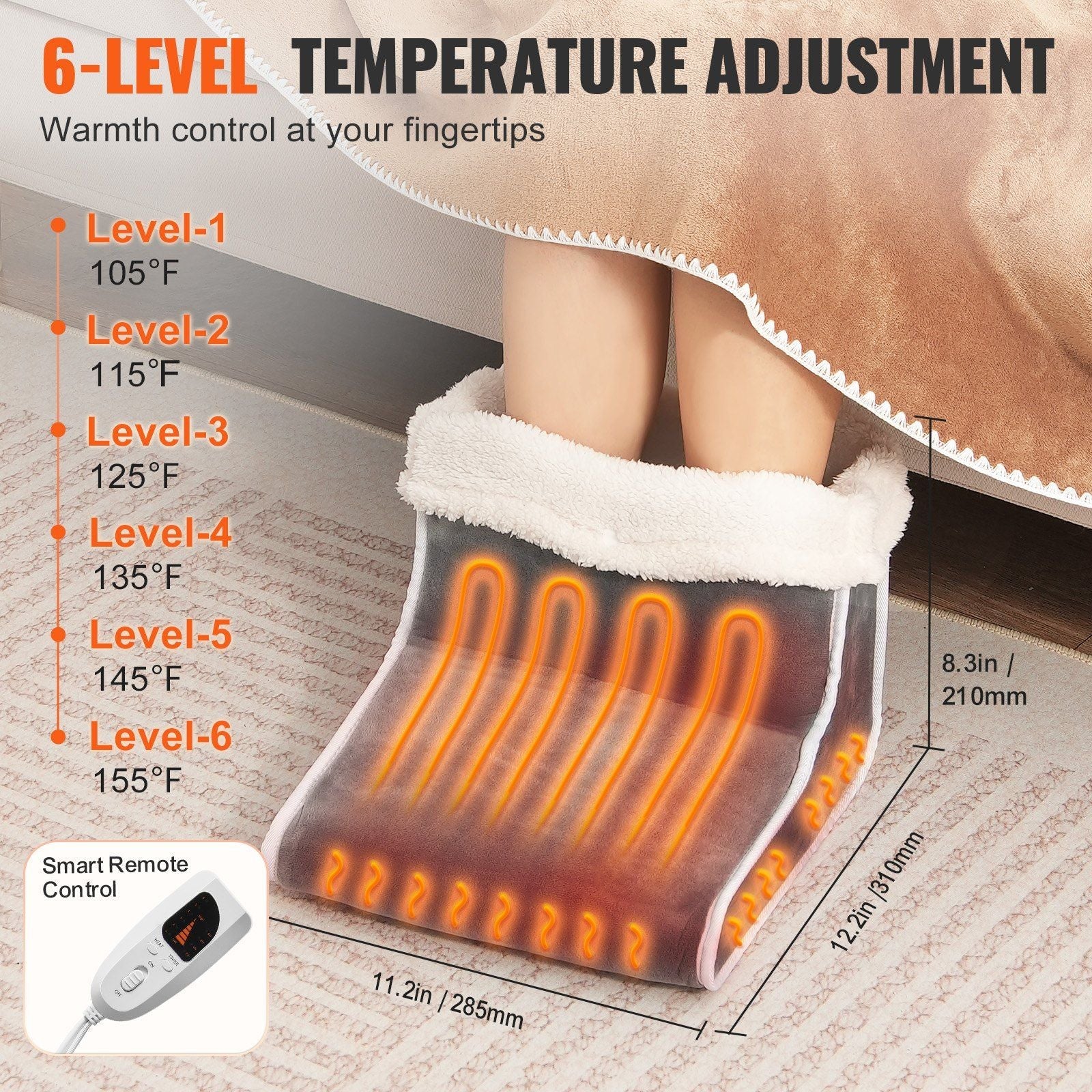 VEVOR Electric Foot Warmer 6-Level Heating Slippers Feet Warmer