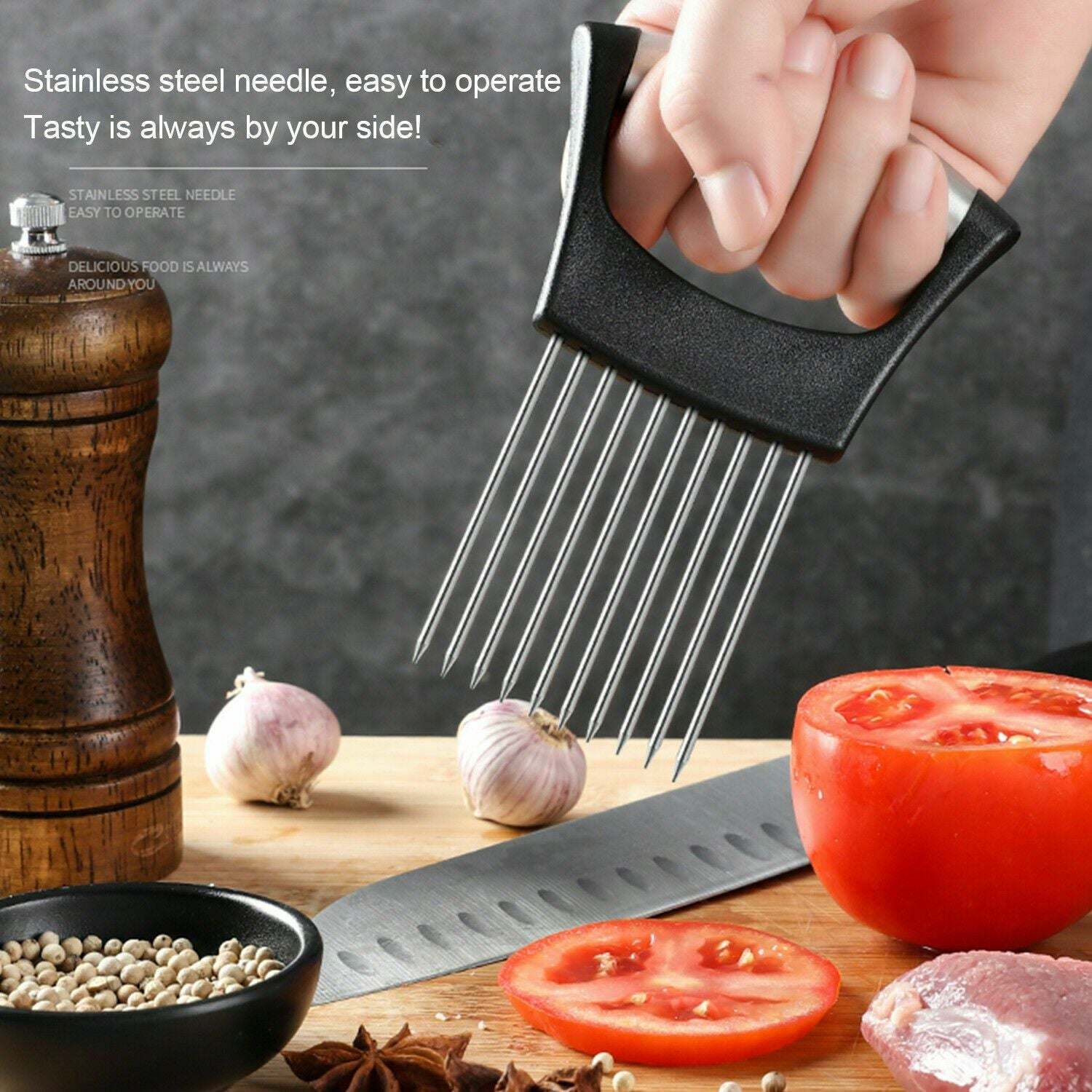 Stainless Steel Onion Holder Slicer Vegetable Tools Tomato Cutter KitcDobaDealsexpress.shopStainless Steel Onion Holder Slicer Vegetable Tools Tomato Cutter Kitchen Gadget Steel Onion NeedleHighlights
The Onion Holder can also be used as a meat tenderizer. A long steel needle penetrates deeply, into the meat to improve its taste. It is also easy to clea
