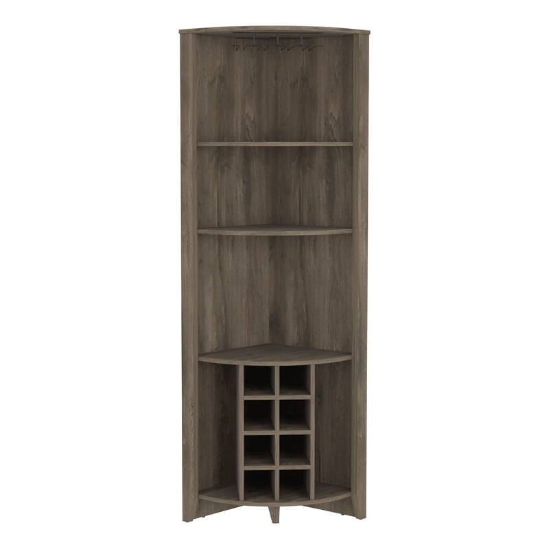 Corner Bar Cabinet, Three Shelves, Eight Built-in Wine Rack, Two Side Shelves, Dark Brown