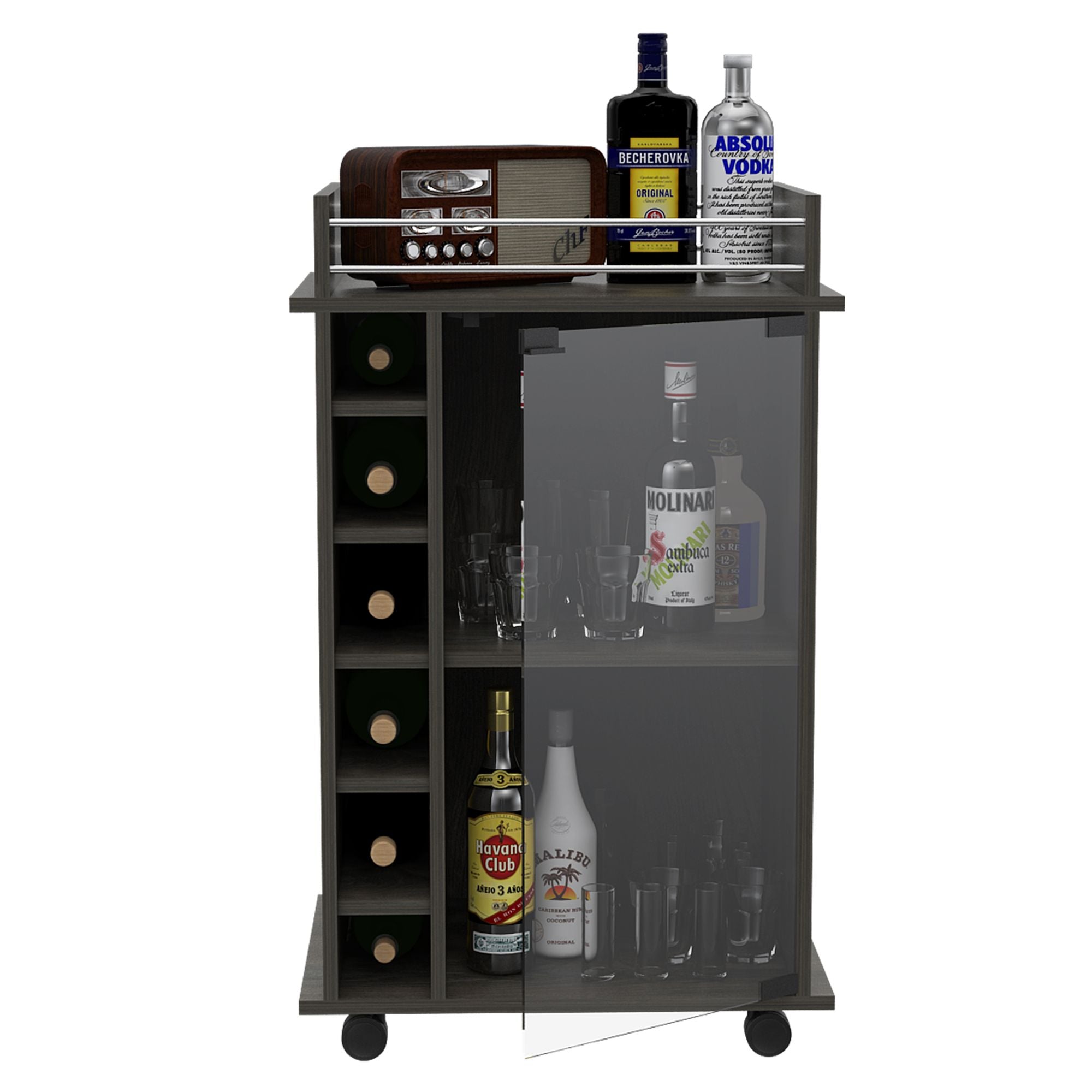 Vegas Bar Cart, Two Tier Cabinet With Glass Door, Six Cubbies For LiquDobaDealsexpress.shopVegas Bar Cart,Specification
Cabinets Type:Mobile Carts
Cabinets Storage Quantity:1-2 Spaces
Main Color:Gray
Wood Tone:Gray
Use Case:Primary Living Space
Cabinets Features:Open Sto