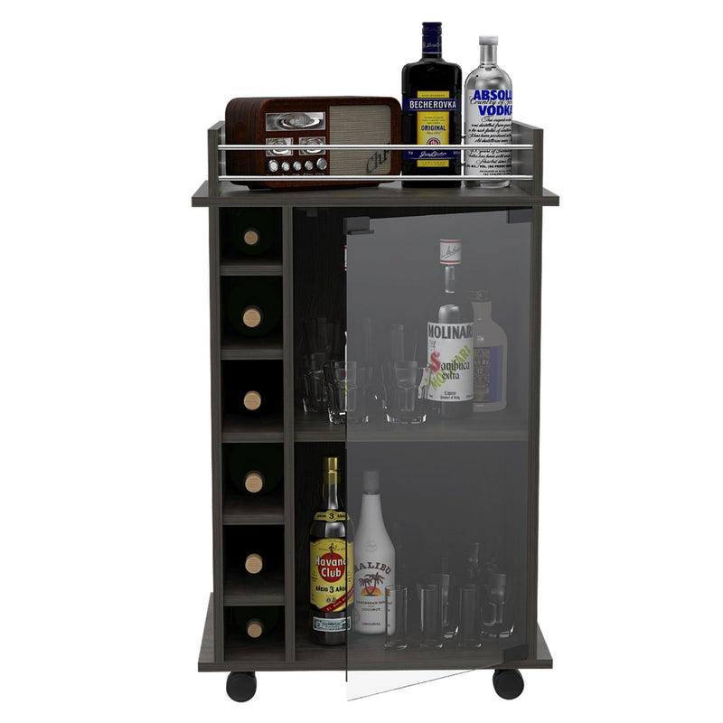 Vegas Bar Cart, Two Tier Cabinet With Glass Door, Six Cubbies For Liquor