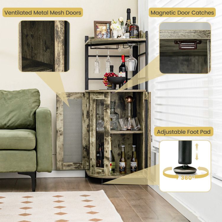 Industrial Corner Bar Cabinet with Glass Holder and Adjustable ShelfDobaDealsexpress.shopIndustrial Corner Bar CabinetHighlights
Space-saving Corner Cabinet: The freestanding wine bar cabinet features a triangle design to fit room corners, taking less floor space while making full u