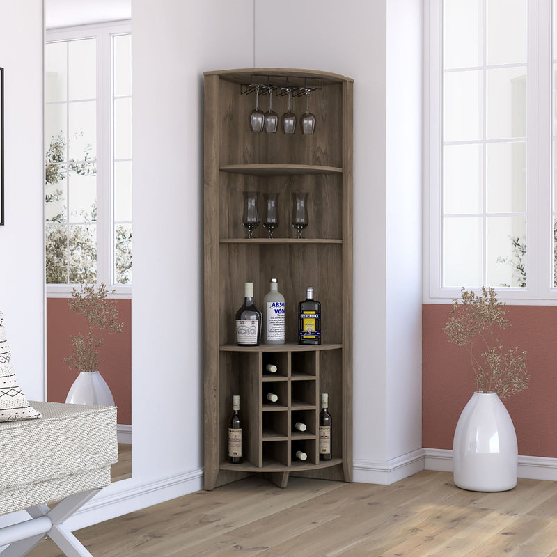 Corner Bar Cabinet, Three Shelves, Eight Built-in Wine Rack, Two Side Shelves, Dark Brown