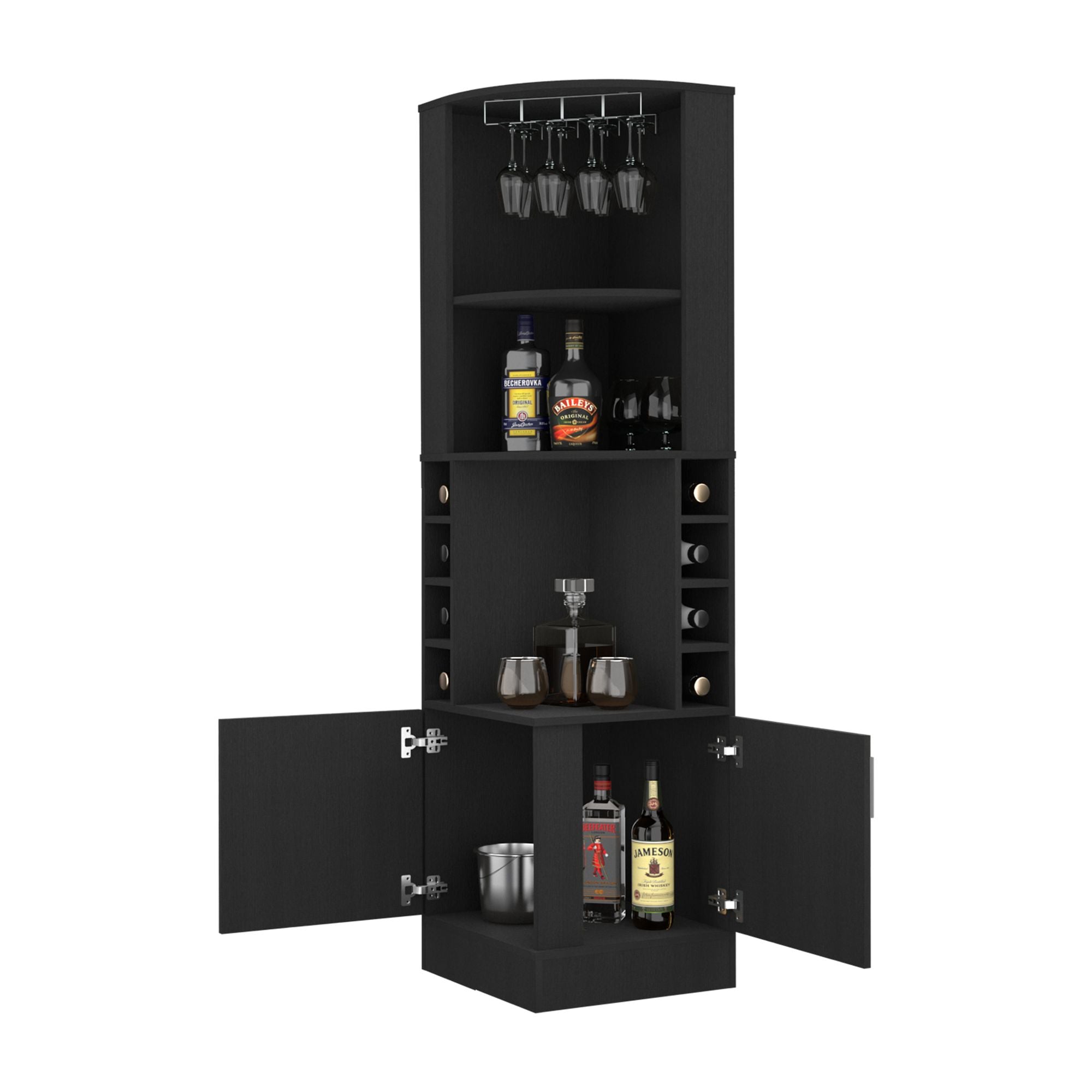 Corner Bar Cabinet, Double Door Cabinet, Glass Rack, Eight Built-in WiDobaDealsexpress.shopCorner Bar Cabinet, Double Door Cabinet, Glass Rack,Specification
Main Color:Black
Filler:Solid Wood+MDF
Main Material:Engineered Wood
Details
Included 4 Packages:
Sub-item 1: Package Quantity:2, Package Size:46.46*22