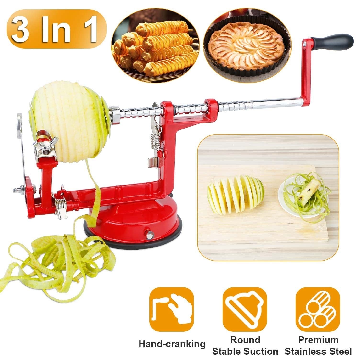 3In 1 Apple Peeler Manual Rotation Potato Fruit Core Slicer Kitchen HaDobaDealsexpress.shop3In 1 Apple Peeler Manual Rotation Potato Fruit Core Slicer Kitchen Hand Cracking CorerDetails
*Features*:
*Premium Material*:Made of premium zinc alloy and stainless steel blade; it is durable and anti-rust. It can last for a long time.*3 In 1 Functio