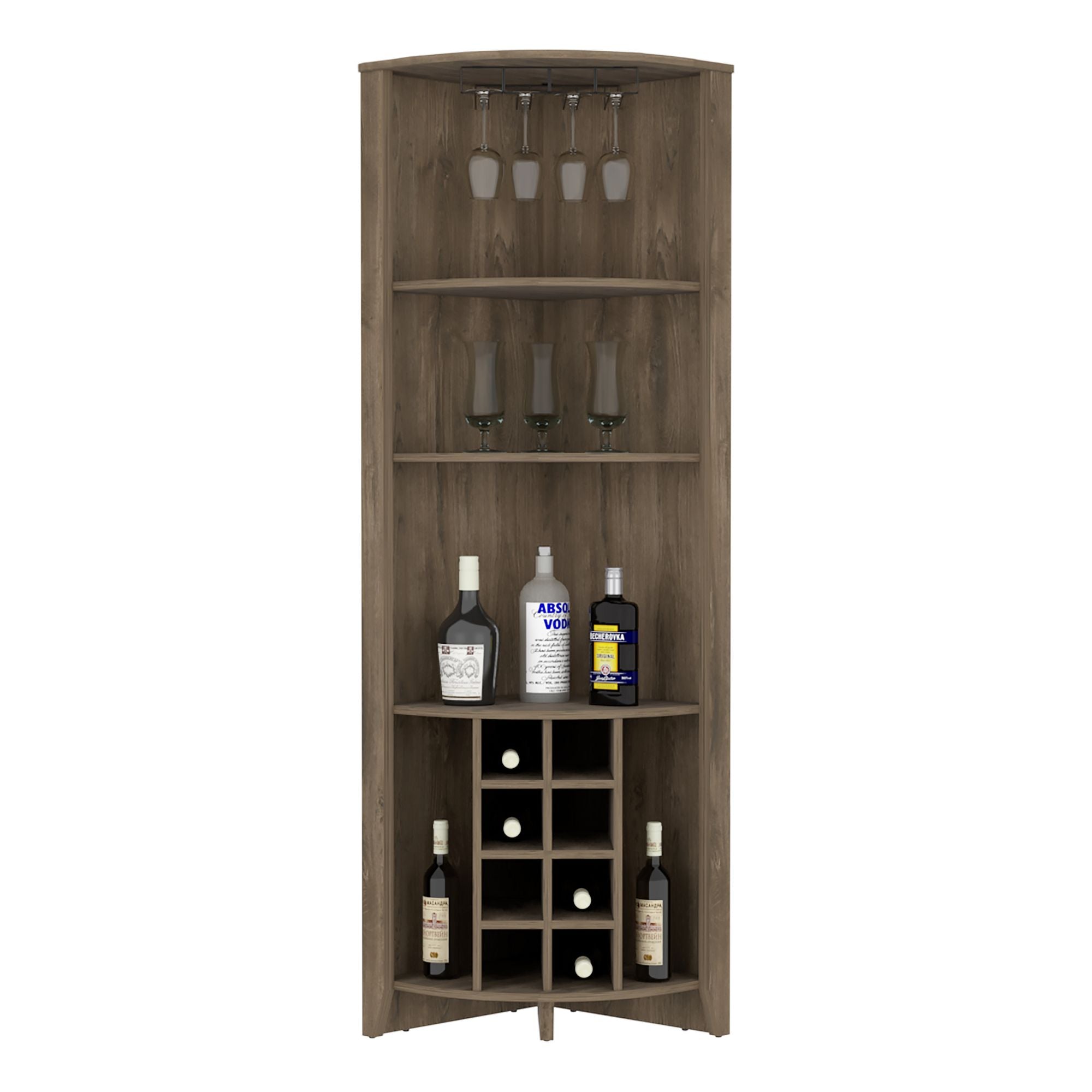 Corner Bar Cabinet, Three Shelves, Eight Built-in Wine Rack, Two Side DobaDealsexpress.shopSide Shelves, Dark BrownSpecification
Main Color:Brown
Filler:Solid Wood+MDF
Main Material:Engineered Wood
Details
Included 4 Packages:
Sub-item 1: Package Quantity:2, Package Size:75.2*24.