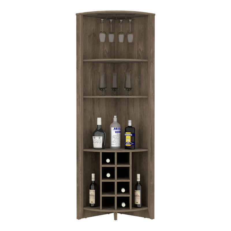 Corner Bar Cabinet, Three Shelves, Eight Built-in Wine Rack, Two Side Shelves, Dark Brown