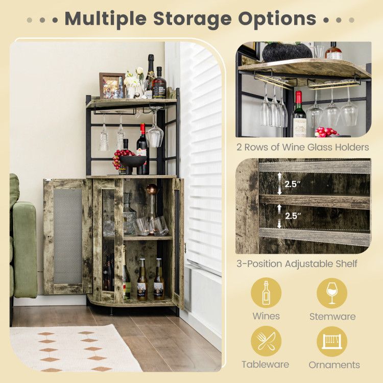 Industrial Corner Bar Cabinet with Glass Holder and Adjustable ShelfDobaDealsexpress.shopIndustrial Corner Bar CabinetHighlights
Space-saving Corner Cabinet: The freestanding wine bar cabinet features a triangle design to fit room corners, taking less floor space while making full u