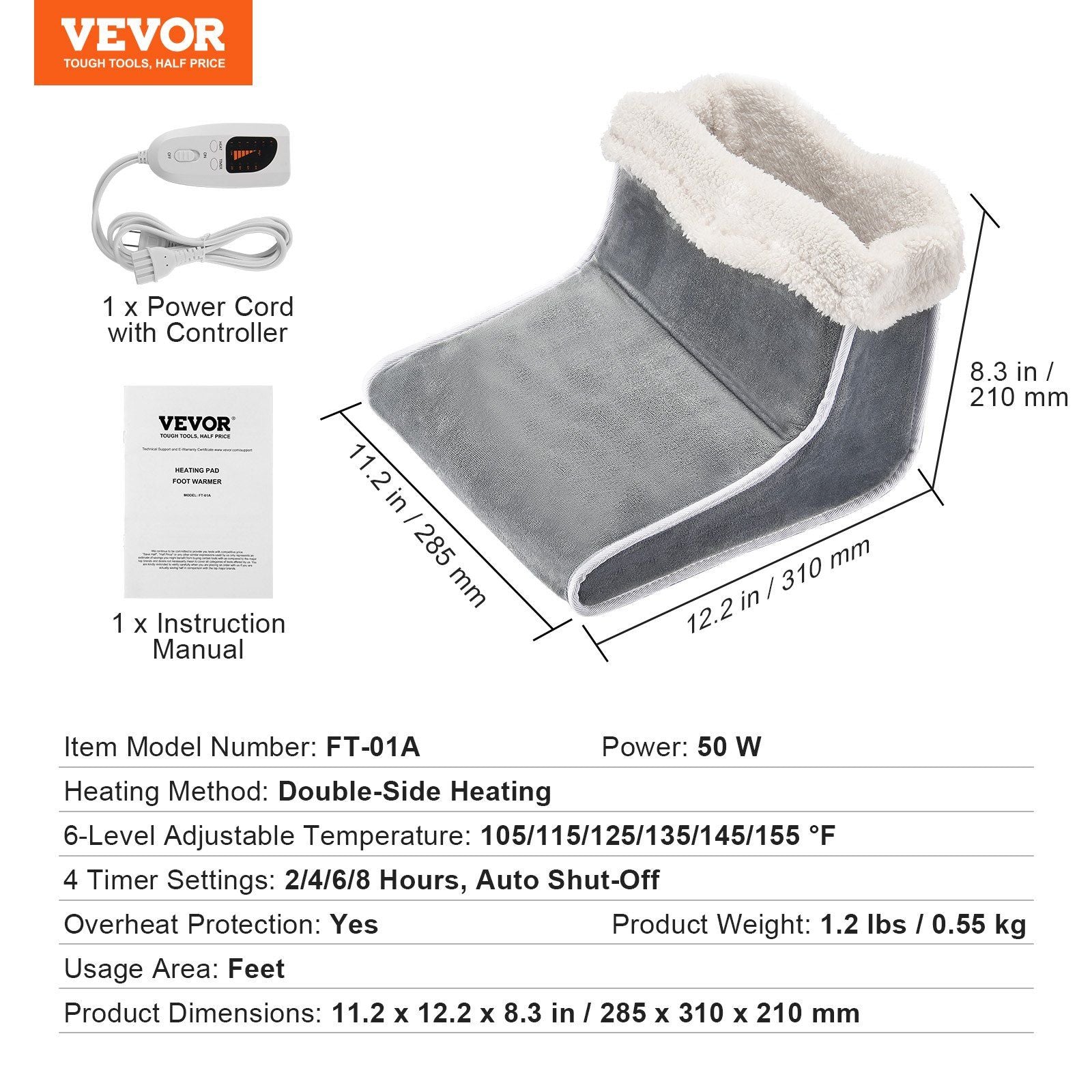 VEVOR Electric Foot Warmer 6-Level Heating Slippers Feet Warmer