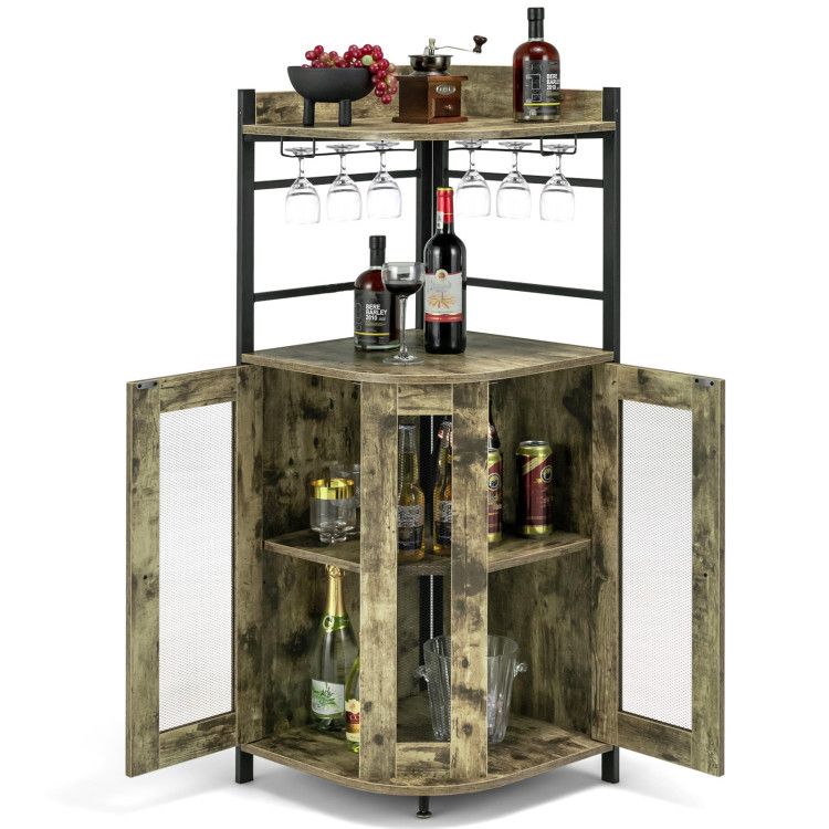Industrial Corner Bar Cabinet with Glass Holder and Adjustable ShelfDobaDealsexpress.shopIndustrial Corner Bar CabinetHighlights
Space-saving Corner Cabinet: The freestanding wine bar cabinet features a triangle design to fit room corners, taking less floor space while making full u