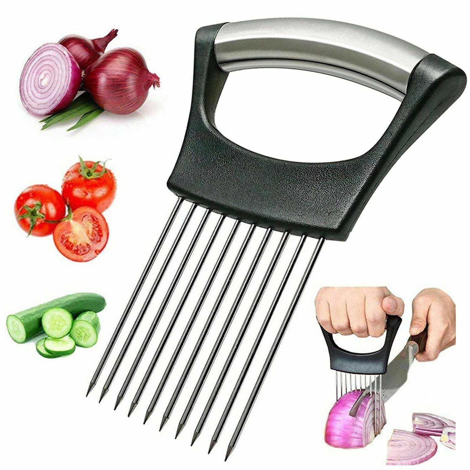 Stainless Steel Onion Holder Slicer Vegetable Tools Tomato Cutter KitcDobaDealsexpress.shopStainless Steel Onion Holder Slicer Vegetable Tools Tomato Cutter Kitchen Gadget Steel Onion NeedleHighlights
The Onion Holder can also be used as a meat tenderizer. A long steel needle penetrates deeply, into the meat to improve its taste. It is also easy to clea