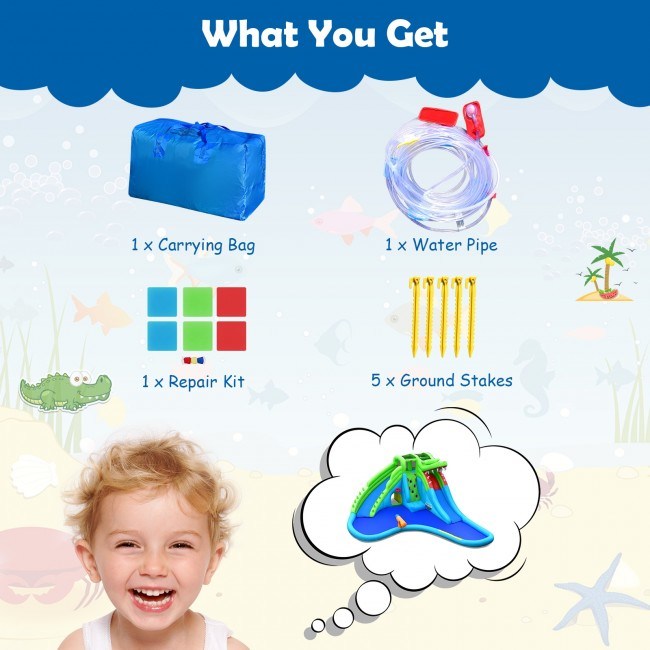 7 in 1 Inflatable Bounce House with Splashing PoolDobaDealsexpress.shop1 Inflatable Bounce HouseHighlights
Endless Fun from the Water: This inflatable pool water slide can be used as a water park by connecting the water hose, which keeps your kids away from the