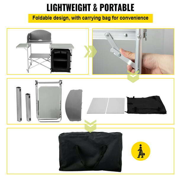 Camping Kitchen Station, Aluminum Portable Folding Camp Cook Table witDobaDealsexpress.shopCamping Kitchen Station, Aluminum Portable Folding Camp Cook TableDetails
Details
Model: VV-HWTDCF57INBColor: BlackMaterial: Aluminum + MDF +OxfordItem Dimension: 57.5 x 18.1 x 27.6 in / 146 x 46 x 70 cmItem Weight: 19.8 lbs / 9 kg