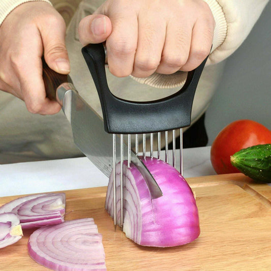 Stainless Steel Onion Holder Slicer Vegetable Tools Tomato Cutter KitcDobaDealsexpress.shopStainless Steel Onion Holder Slicer Vegetable Tools Tomato Cutter Kitchen Gadget Steel Onion NeedleHighlights
The Onion Holder can also be used as a meat tenderizer. A long steel needle penetrates deeply, into the meat to improve its taste. It is also easy to clea