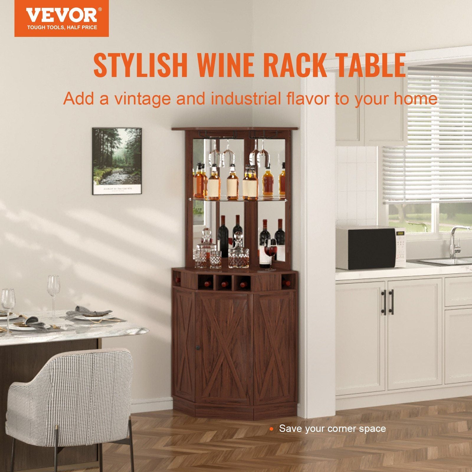 VEVOR Corner Industrial Bar Cabinet, Wine Table for Liquor & Glasses, DobaDealsexpress.shopGlass Holder, Freestanding Farmhouse Wood Coffee Bar CabinetHighlights
More Space for You: This corner bar cabinet can fit in various places and hold up to 150 lbs. That is a lot of weight! It is suitable for multiple corner 