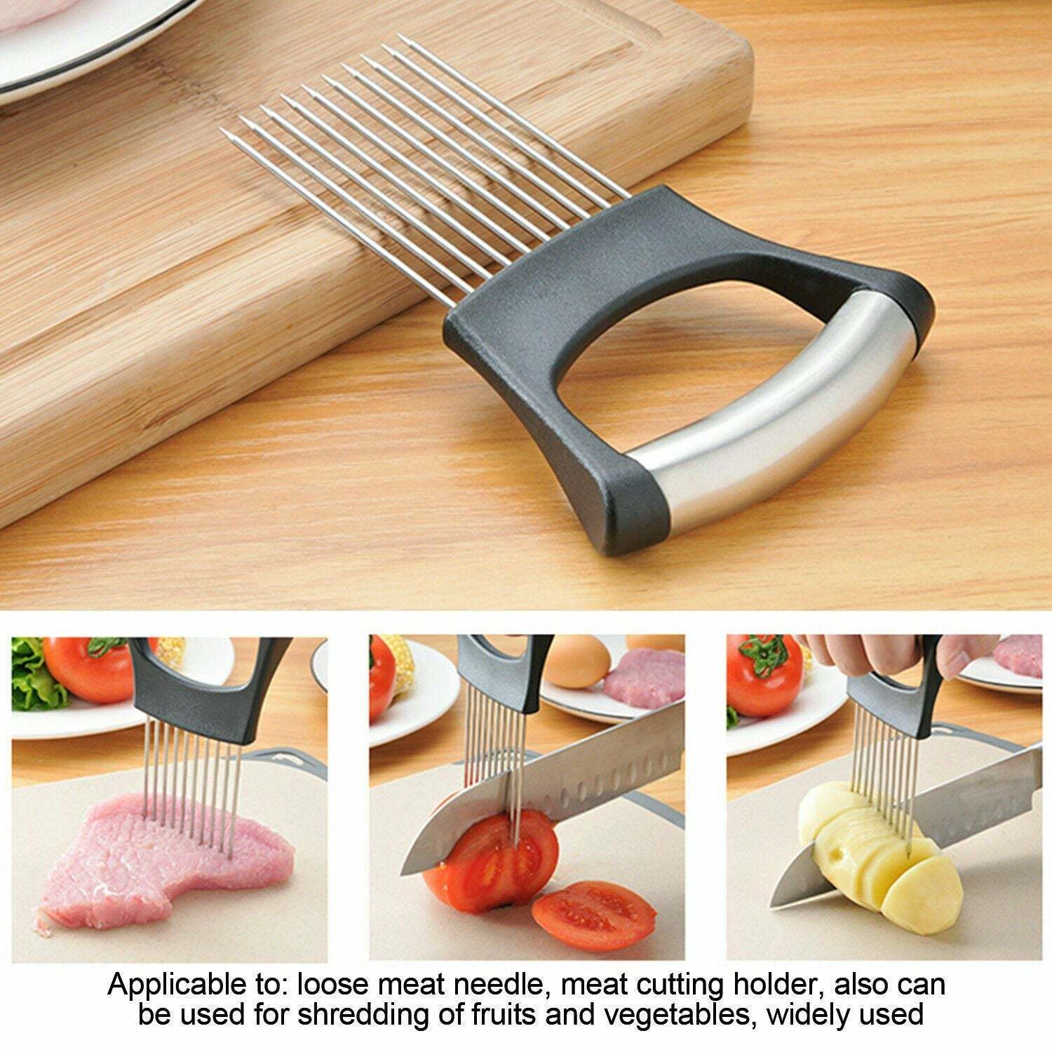 Stainless Steel Onion Holder Slicer Vegetable Tools Tomato Cutter KitcDobaDealsexpress.shopStainless Steel Onion Holder Slicer Vegetable Tools Tomato Cutter Kitchen Gadget Steel Onion NeedleHighlights
The Onion Holder can also be used as a meat tenderizer. A long steel needle penetrates deeply, into the meat to improve its taste. It is also easy to clea