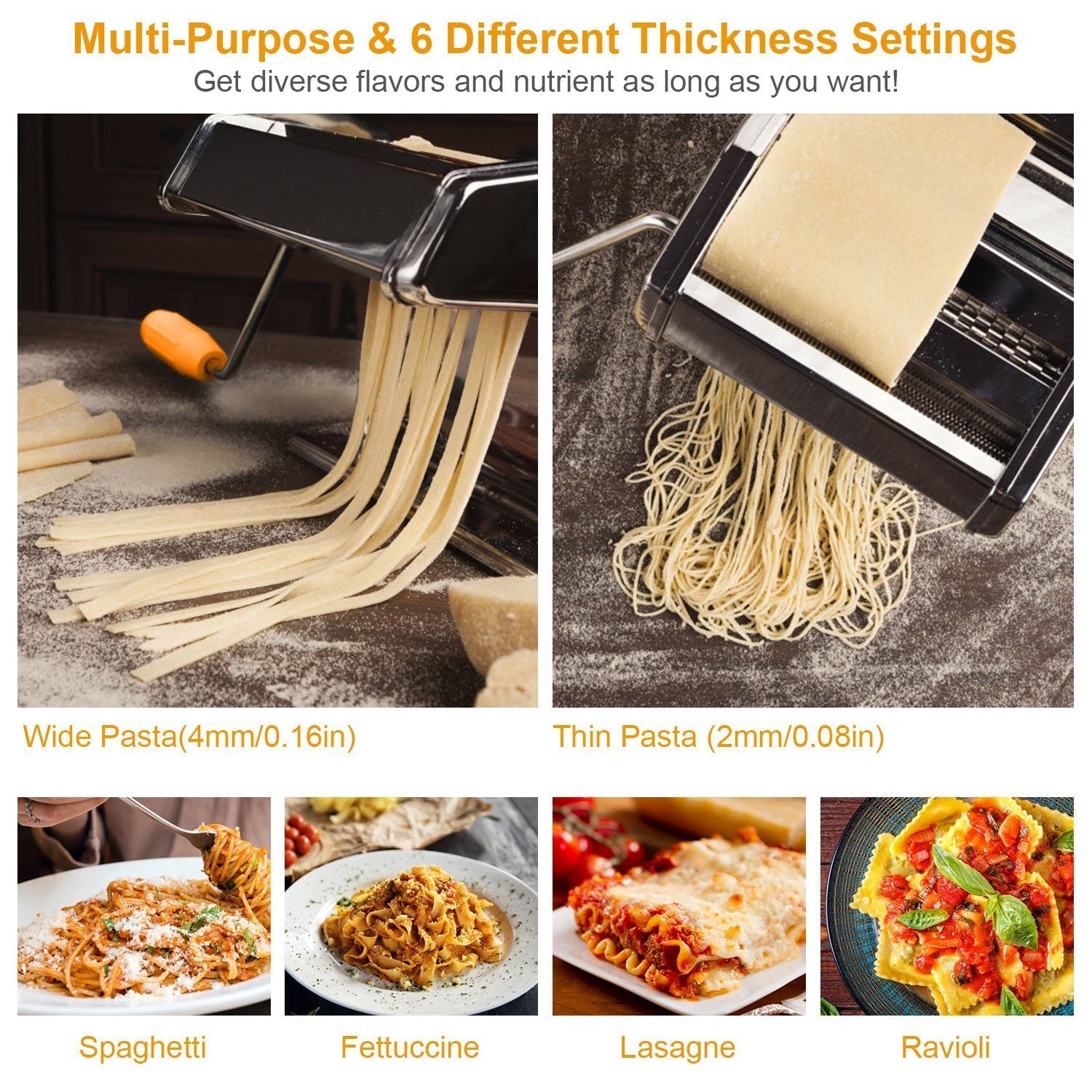 Pasta Maker Roller Machine Fettuccine Noodle MakerDobaDealsexpress.shopPasta Maker Roller Machine Fettuccine Noodle MakerHighlights
6 Adjustable setting of thickness
Details
*Features*:
*6 Adjustable Settings*:Rotate the dough grade knob on the side of pasta machine,then,you can get th