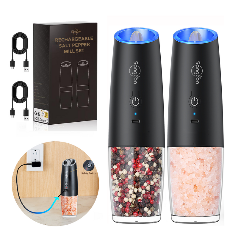 Gravity Electric Salt and Pepper Grinder Set Automatic Shakers Mill Grinder with LED Light, Battery Powered Adjustable Coarseness One Hand Operation, Upgraded Larger Capacity