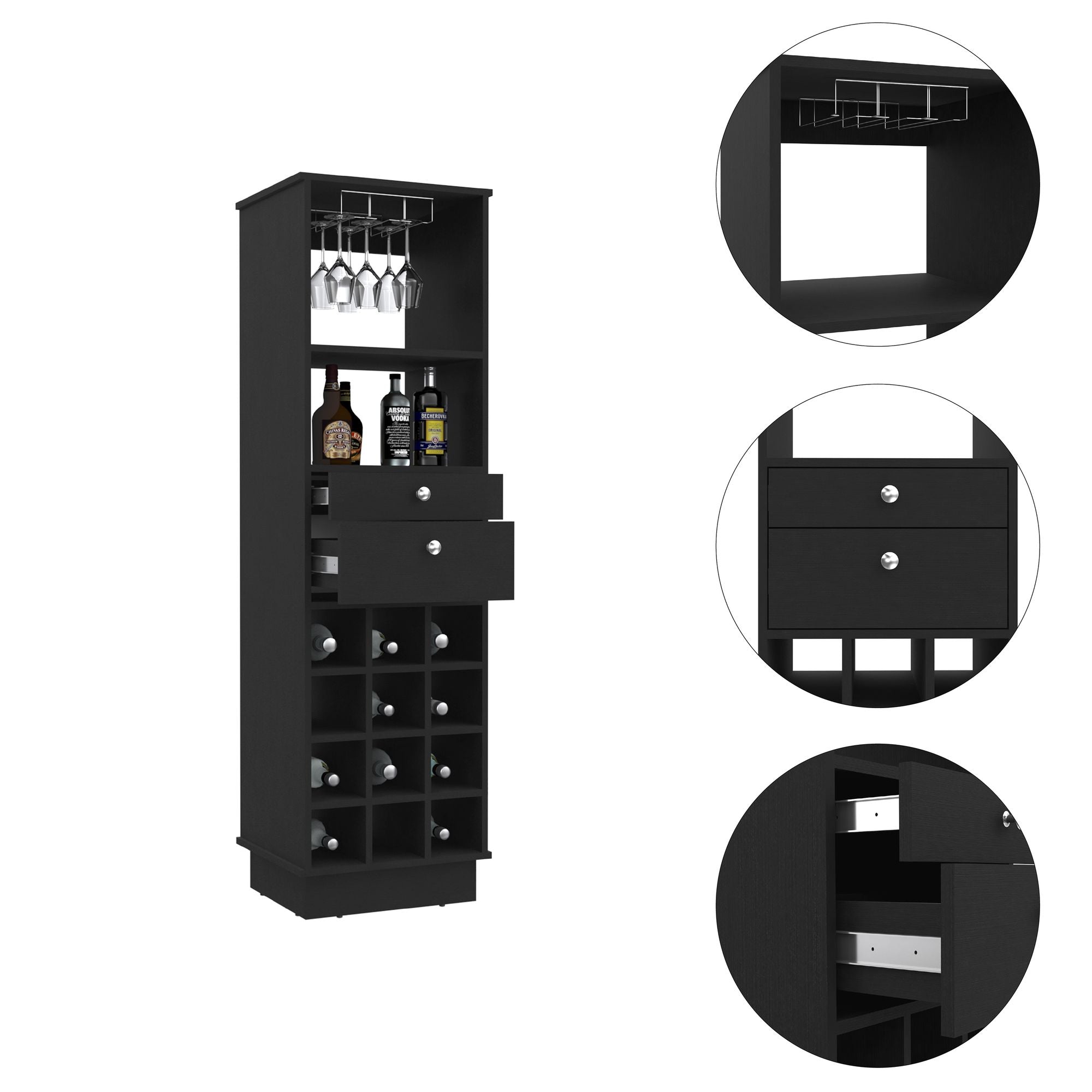 Black Wengue 12-Bottle 2-Drawer 1-Shelf Bar CabinetDobaDealsexpress.shopBlack Wengue 12-Bottle 2-Drawer 1-Shelf Bar CabinetSpecification
Main Color:Black
Main Material:Particle Board
Details
Product Features:
The bar cabinet is designed to hold up to 12 bottles, offering ample space for 