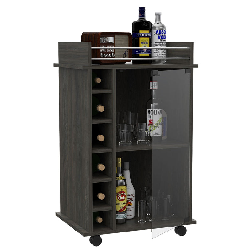 Vegas Bar Cart, Two Tier Cabinet With Glass Door, Six Cubbies For Liquor