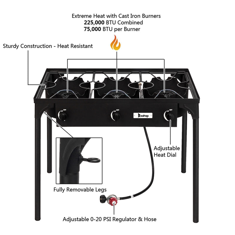 Outdoor Camp Stove High Pressure Propane Gas Cooker Portable Cast IronDobaDealsexpress.shopOutdoor Camp Stove High Pressure Propane Gas Cooker Portable Cast Iron Patio Cooking Burner (Highlights
225000 BTU of cooking power
Ultra-portable with removable legs
Details
Introductions:This powerful three burner, equipped with a cast iron head, outputs a