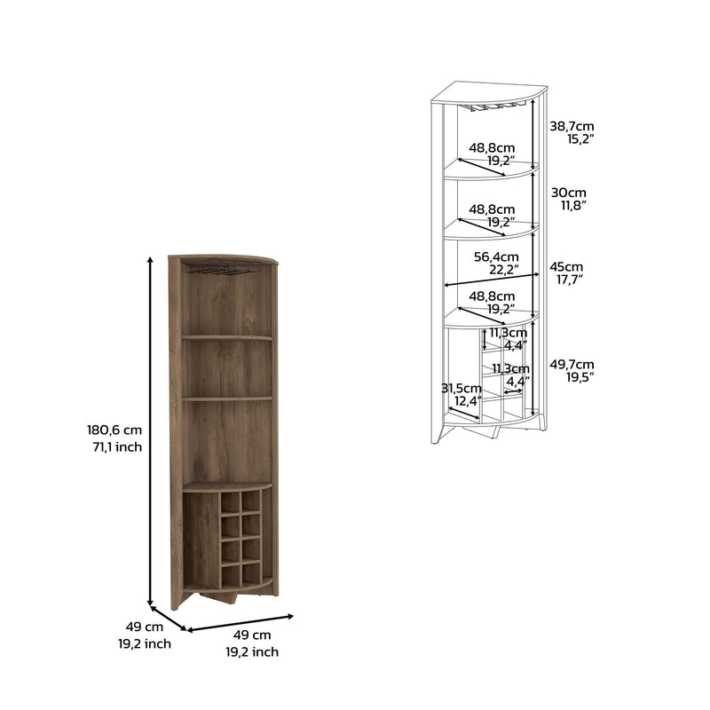 Corner Bar Cabinet, Three Shelves, Eight Built-in Wine Rack, Two Side Shelves, Dark Brown