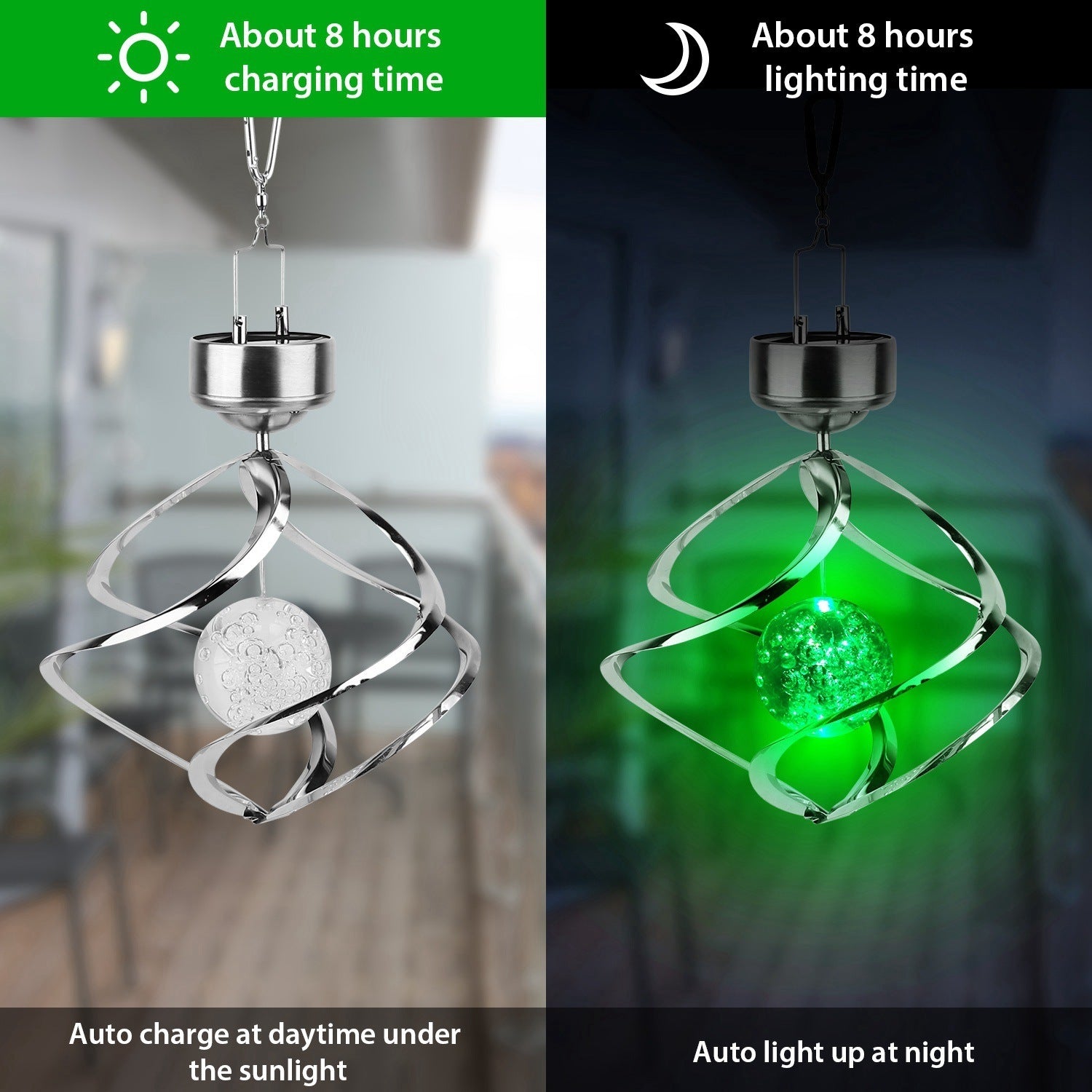 Spiral Spinner Solar Lights Wind Chime LED Color Changing Hanging WindDobaDealsexpress.shopSpiral Spinner Solar Lights Wind Chime LED Color Changing Hanging Wind Lamp Waterproof Decorative Night LampDetails
*Features*:
*Auto ON/OFF&amp; Color-Changing Lighting*:Auto on at night and Auto off at sunrise. Built-in 600 mAh Ni-MH battery supports long lasting up to 8