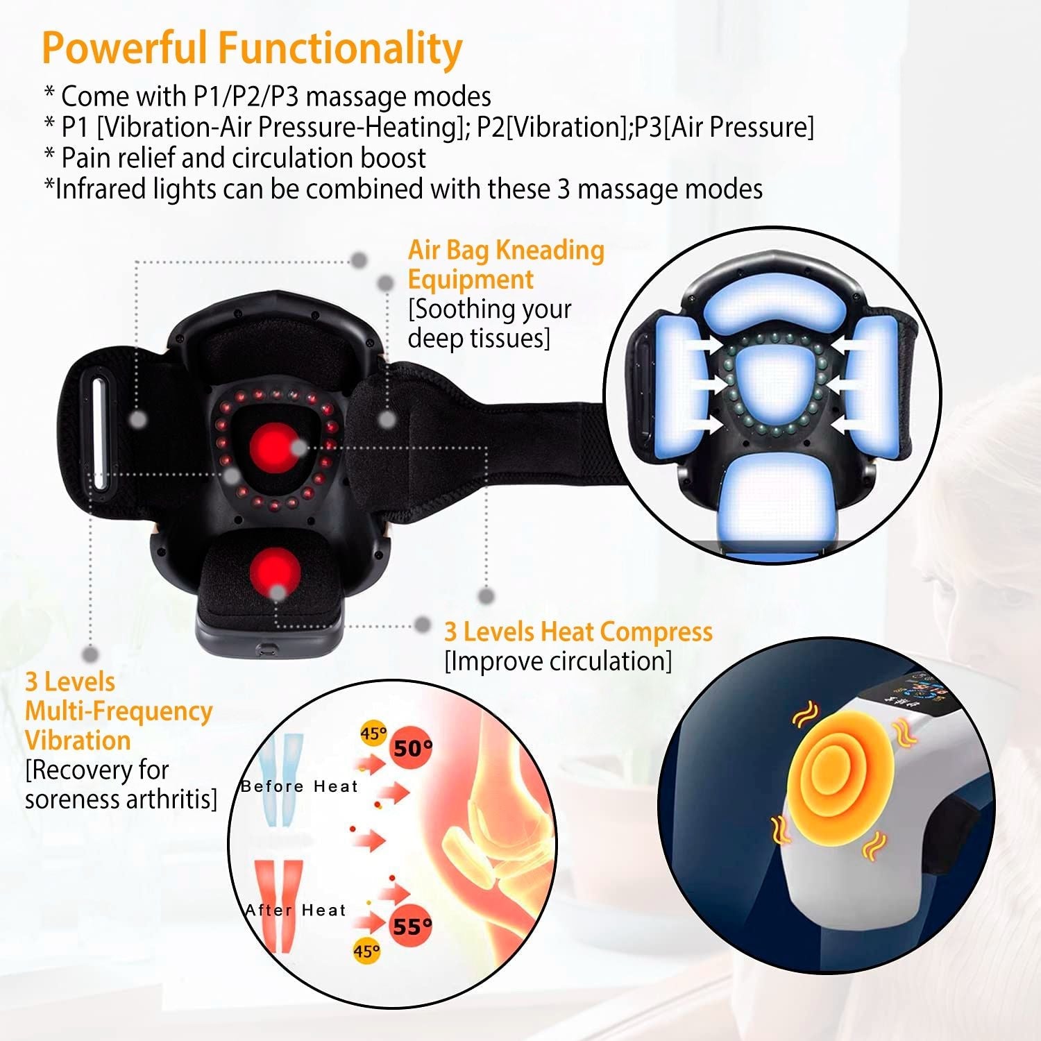 Electric Rechargeable Knee Massager Infrared Heat Pain Relief Therapy Knee Brace Wrap