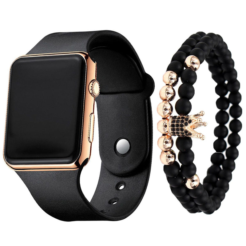 2pcs/set Square Silicone Digital Watch + Crown Bracelet Fancy Women Watches Jewelry Sophisticated And Stylish Women Watch