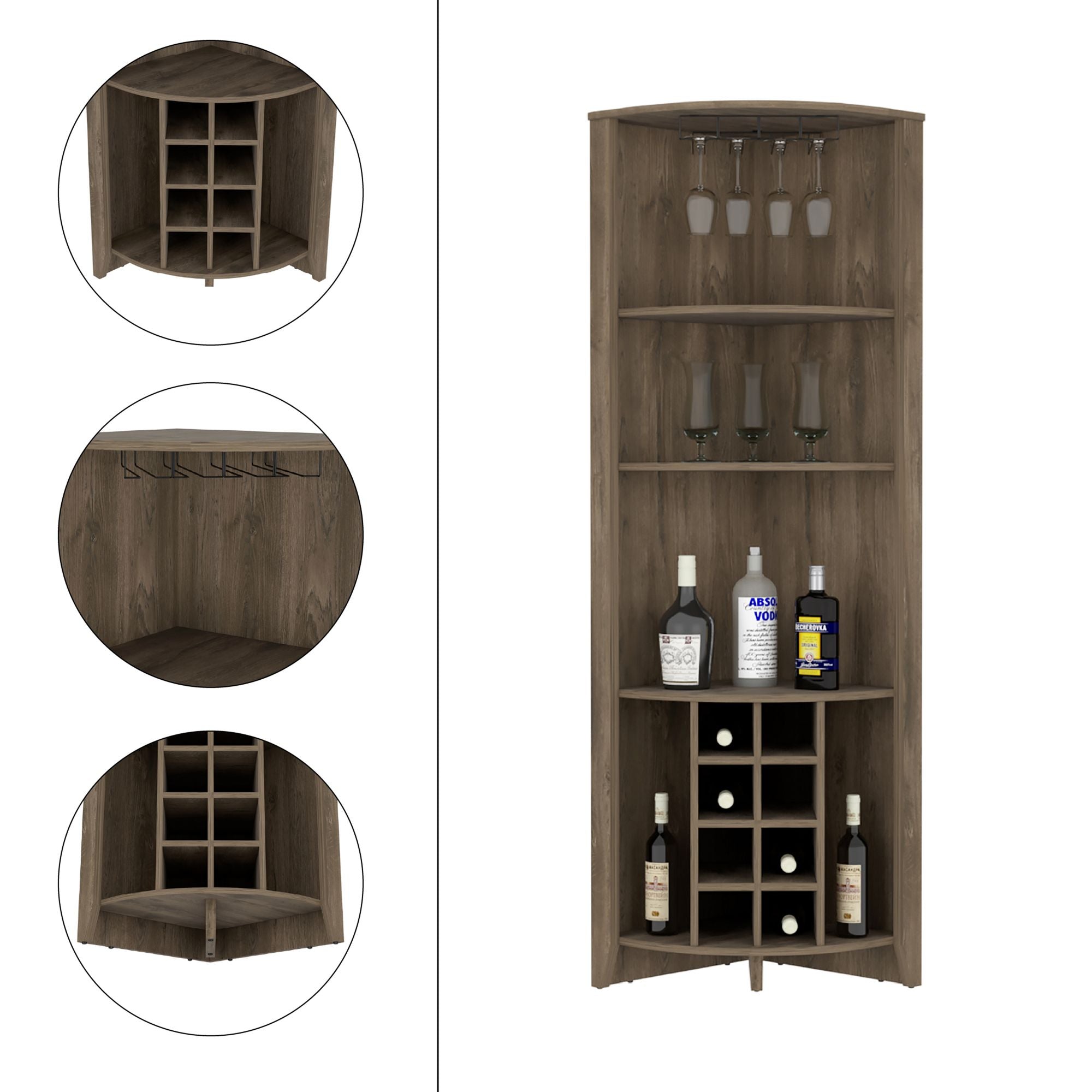 Corner Bar Cabinet, Three Shelves, Eight Built-in Wine Rack, Two Side DobaDealsexpress.shopSide Shelves, Dark BrownSpecification
Main Color:Brown
Filler:Solid Wood+MDF
Main Material:Engineered Wood
Details
Included 4 Packages:
Sub-item 1: Package Quantity:2, Package Size:75.2*24.
