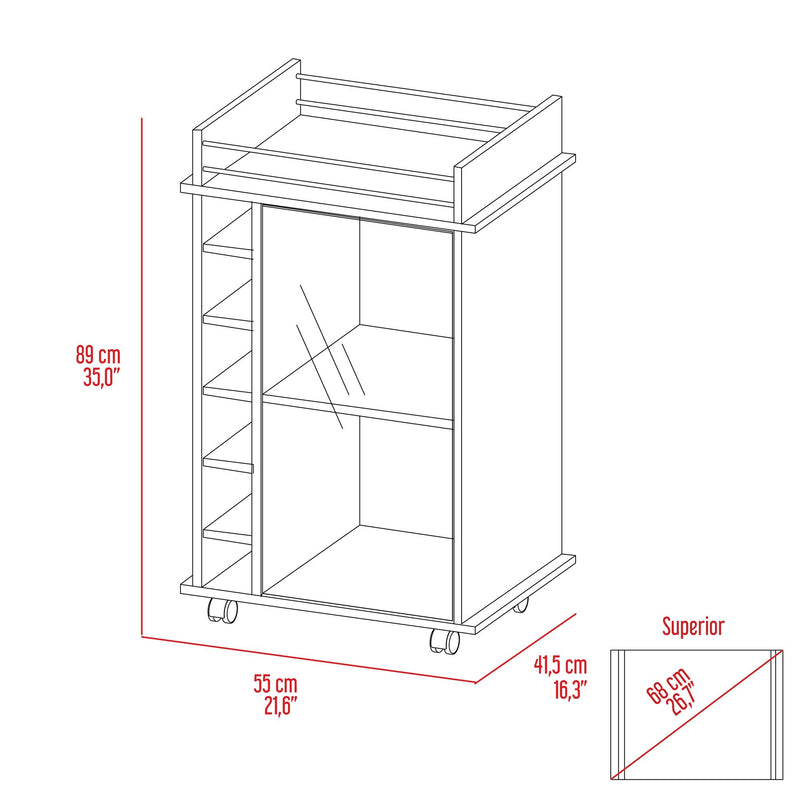 Vegas Bar Cart, Two Tier Cabinet With Glass Door, Six Cubbies For Liquor